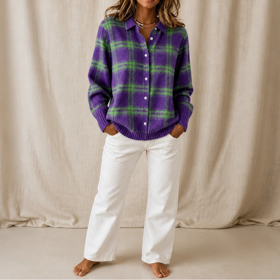 Plaid Knit Shirt-Collar Cardigan | Women's Lightweight Layer 10