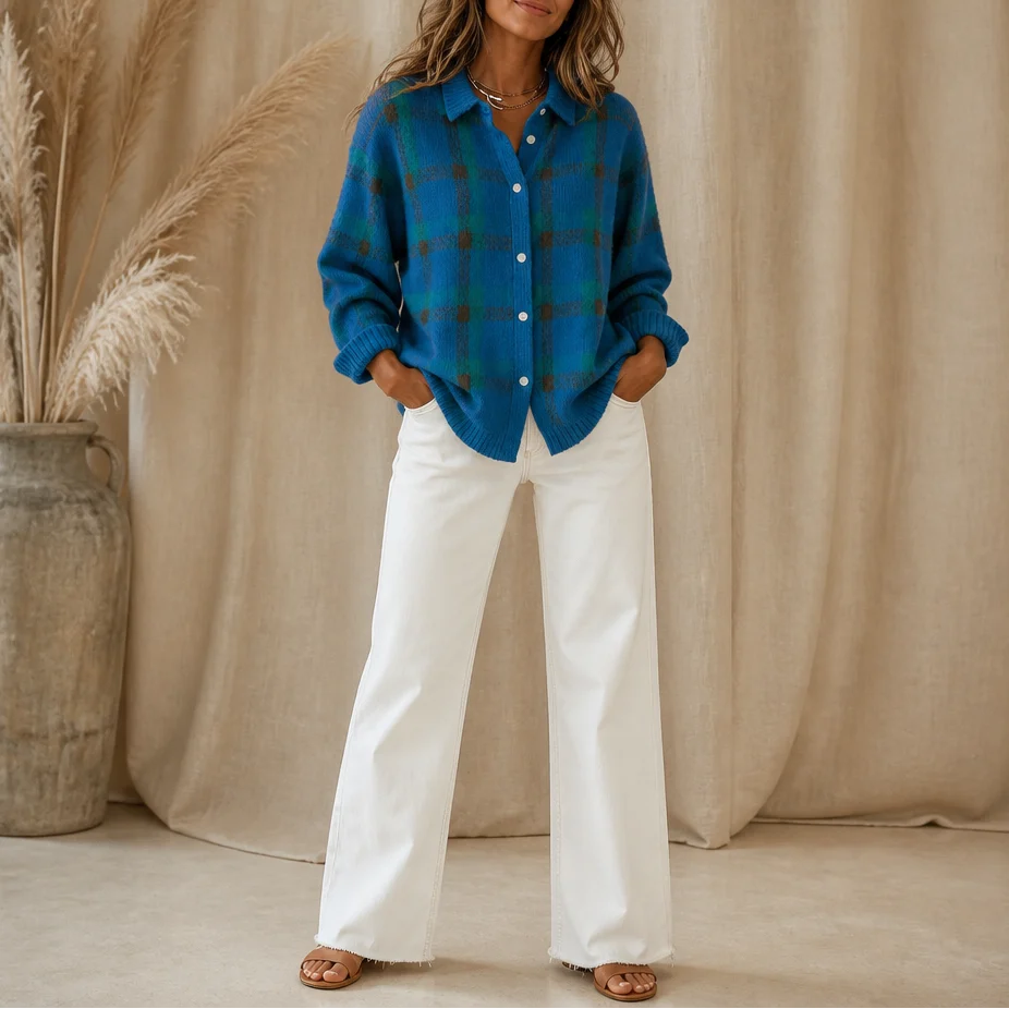 Plaid Knit Shirt-Collar Cardigan | Women's Lightweight Layer 11