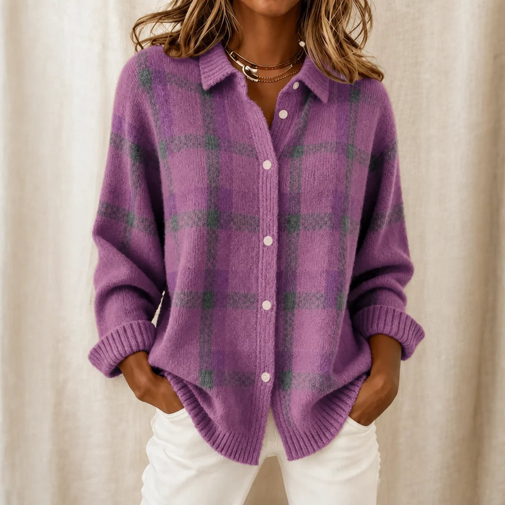 Plaid Knit Shirt-Collar Cardigan | Women's Lightweight Layer 12