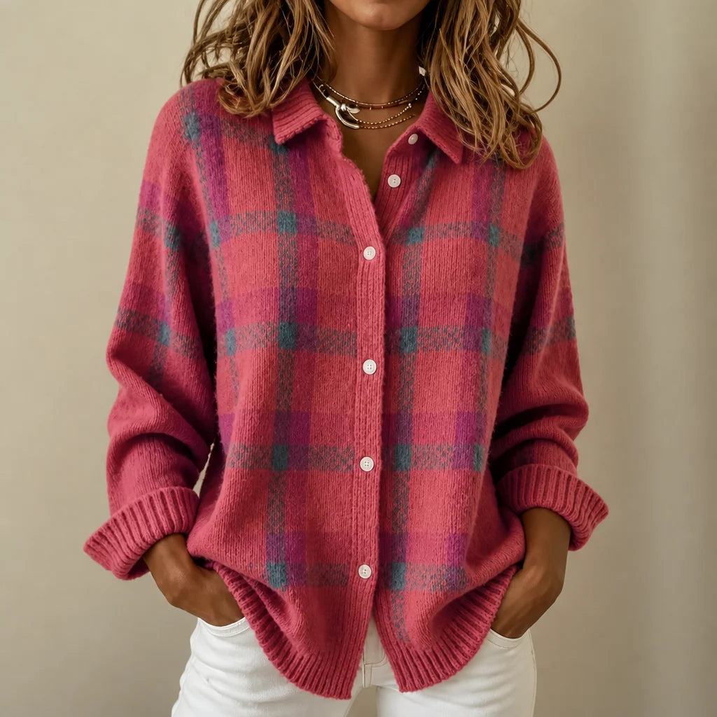 Plaid Knit Shirt-Collar Cardigan | Women's Lightweight Layer 15