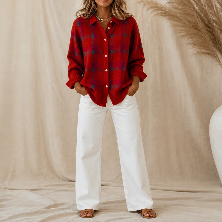 Plaid Knit Shirt-Collar Cardigan | Women's Lightweight Layer 16