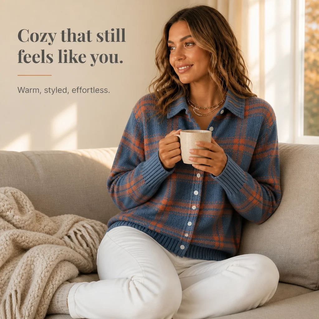 Plaid Knit Shirt-Collar Cardigan | Women's Lightweight Layer 7