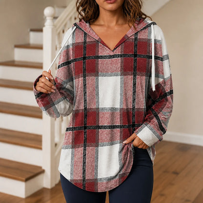 Plaidwell | Women's Drawstring V-Neck Hooded Plaid Top 12