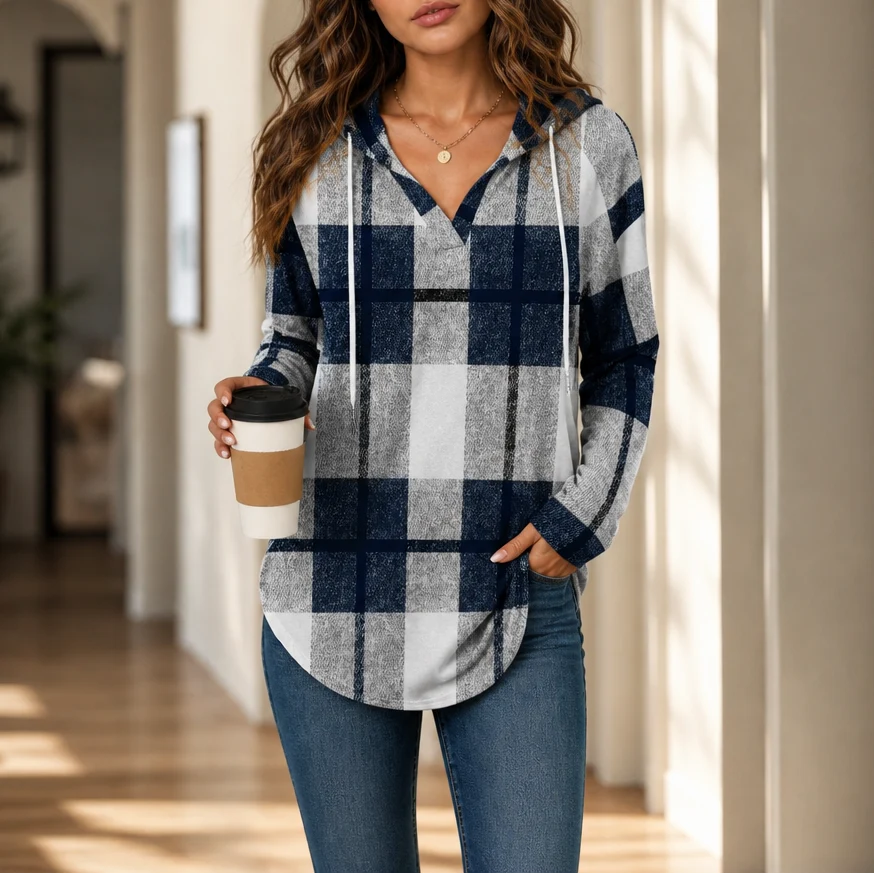 Plaidwell | Women's Drawstring V-Neck Hooded Plaid Top 9