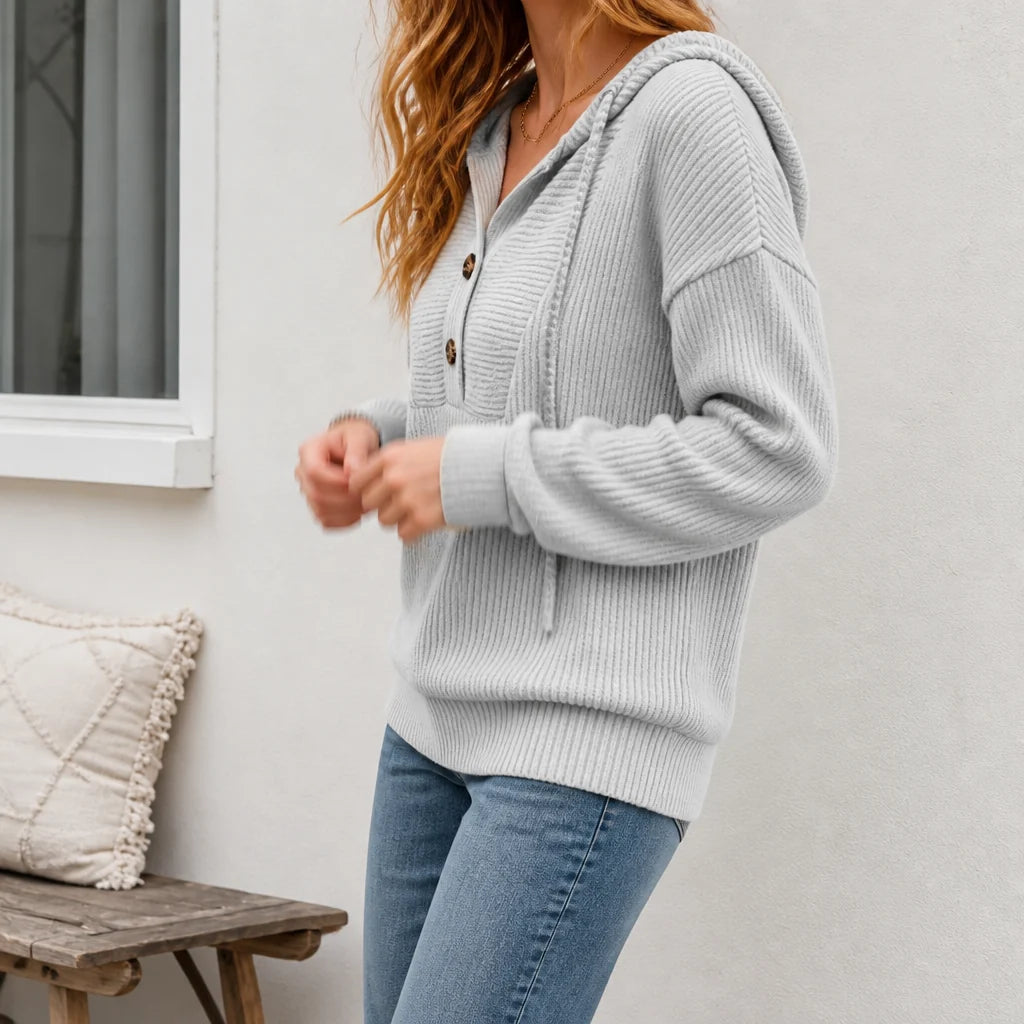 Ribbed Knit Button-Neck Hoodie | Women's Sweater Pullover 11