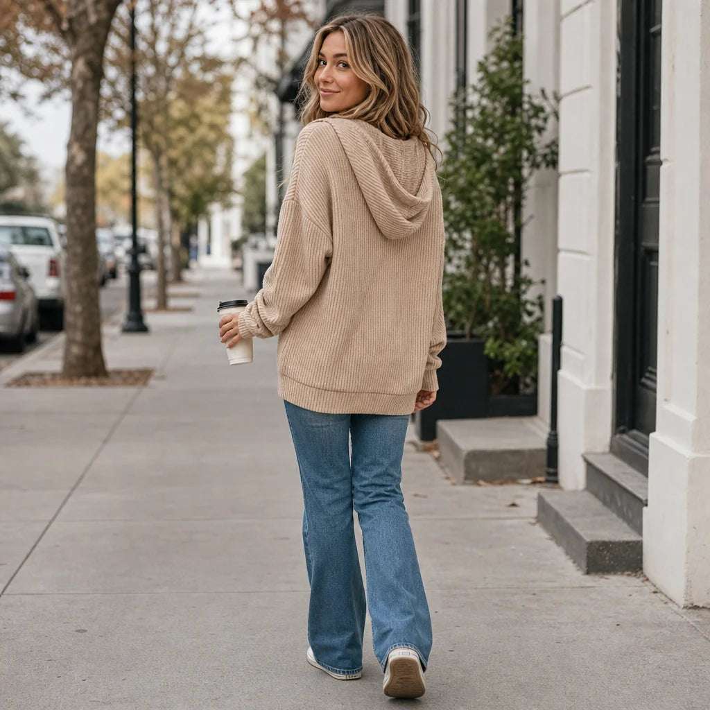 Ribbed Knit Button-Neck Hoodie | Women's Sweater Pullover 4