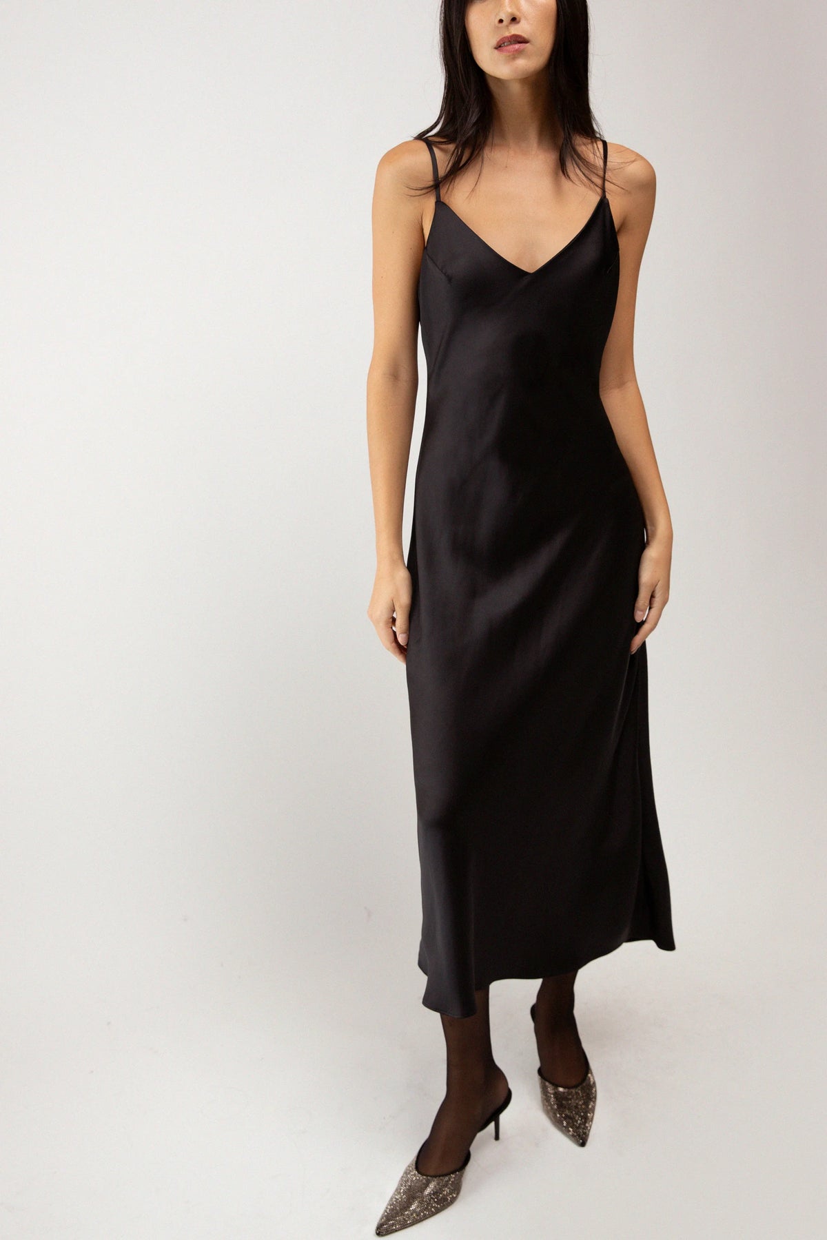 Satin V-Neck Slip Midi Dress | Women's Cocktail Dress 0