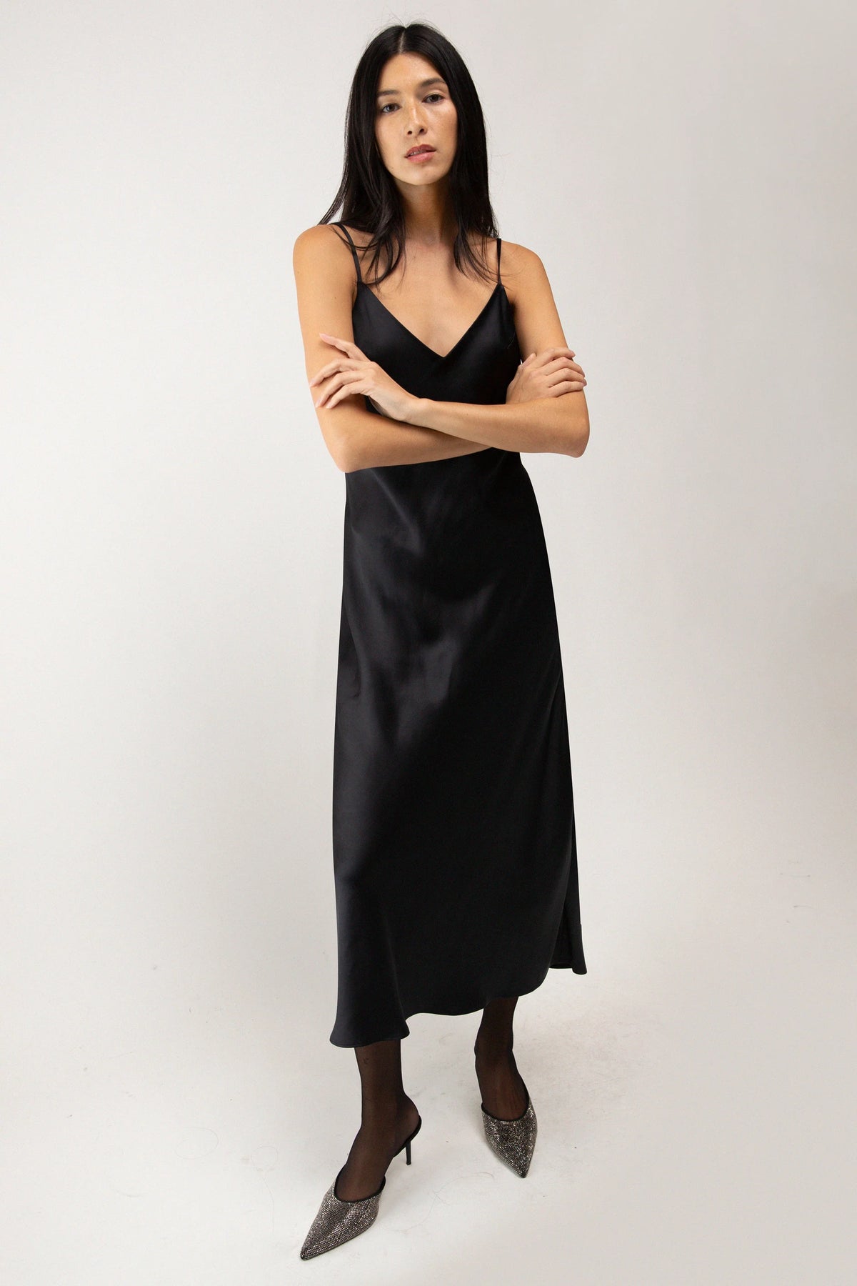 Satin V-Neck Slip Midi Dress | Women's Cocktail Dress 1