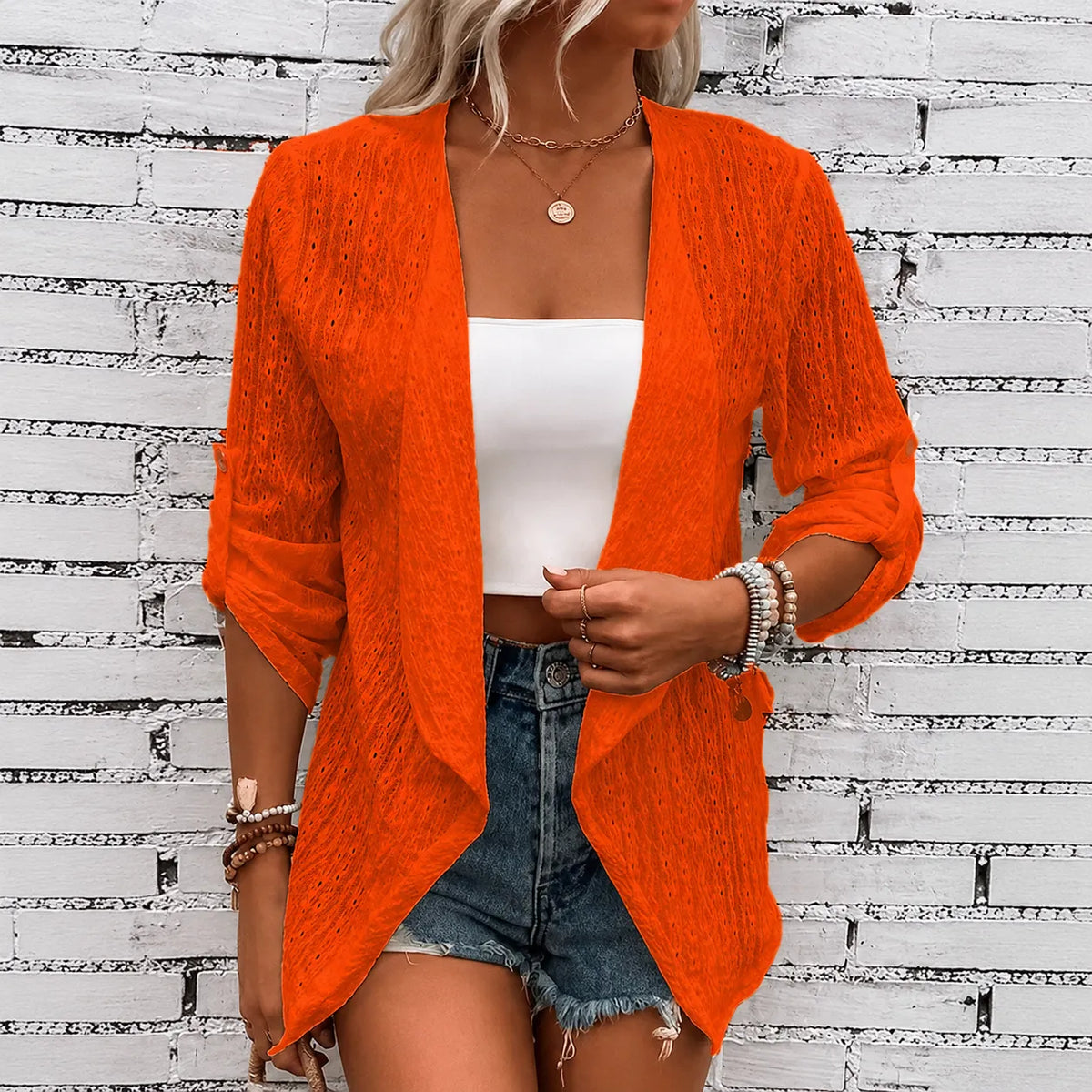 Solelle – Eyelet Waterfall Open-Front Cardigan for Women 0