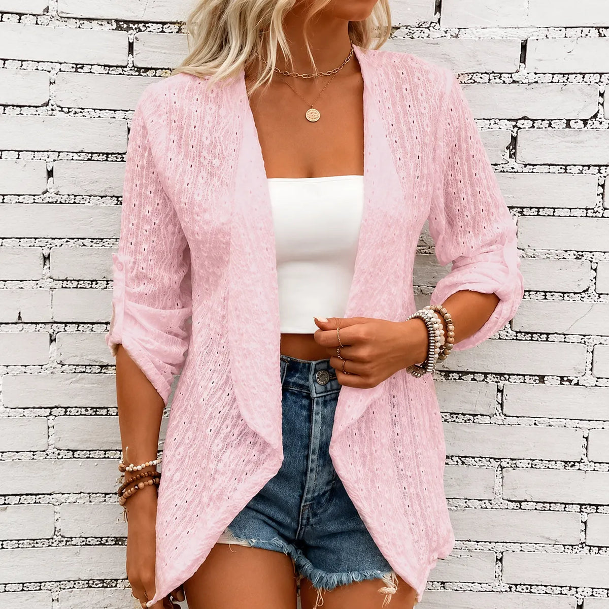 Solelle – Eyelet Waterfall Open-Front Cardigan for Women 12