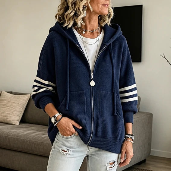 Women's Striped-Sleeve Zip Hoodie | Drop-Shoulder Knit Sweatshirt 1