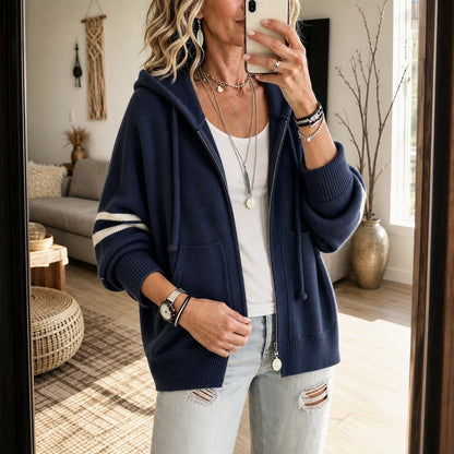 Women's Striped-Sleeve Zip Hoodie | Drop-Shoulder Knit Sweatshirt 2