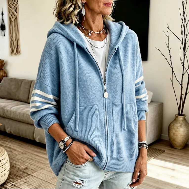 Women's Striped-Sleeve Zip Hoodie | Drop-Shoulder Knit Sweatshirt 12