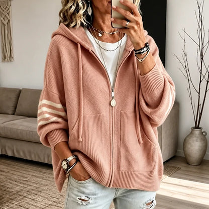 Women's Striped-Sleeve Zip Hoodie | Drop-Shoulder Knit Sweatshirt 14