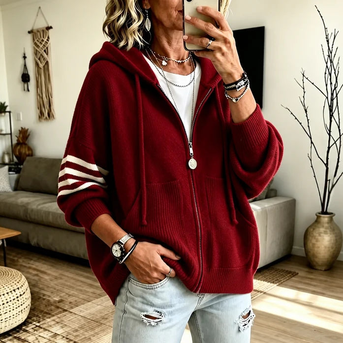 Women's Striped-Sleeve Zip Hoodie | Drop-Shoulder Knit Sweatshirt 15