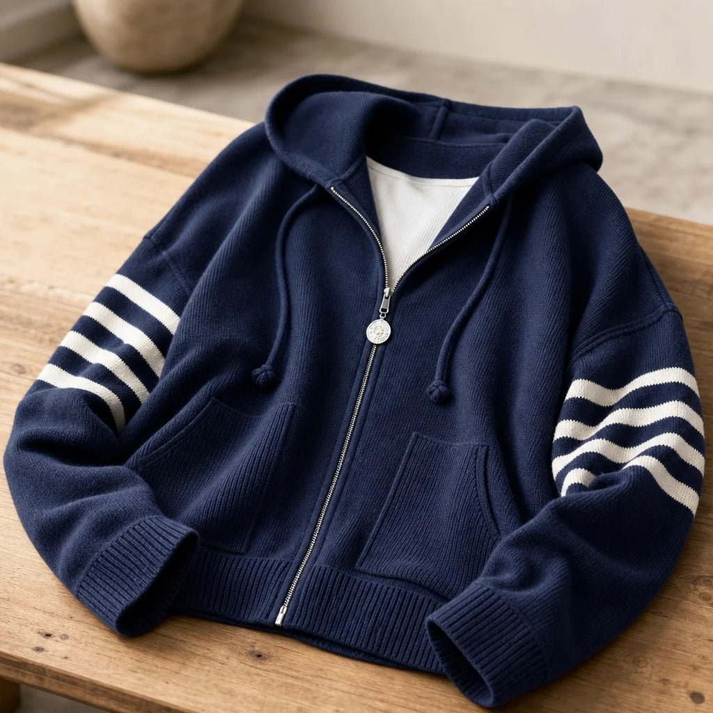 Women's Striped-Sleeve Zip Hoodie | Drop-Shoulder Knit Sweatshirt 7