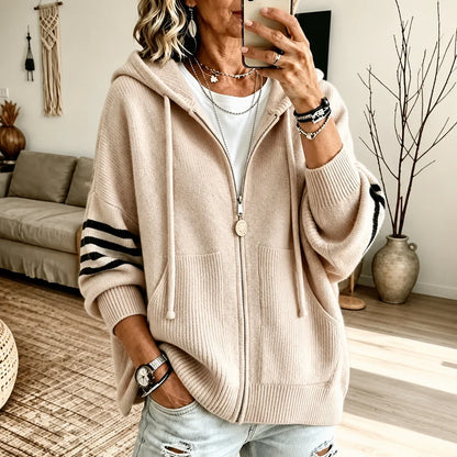 Women's Striped-Sleeve Zip Hoodie | Drop-Shoulder Knit Sweatshirt 10