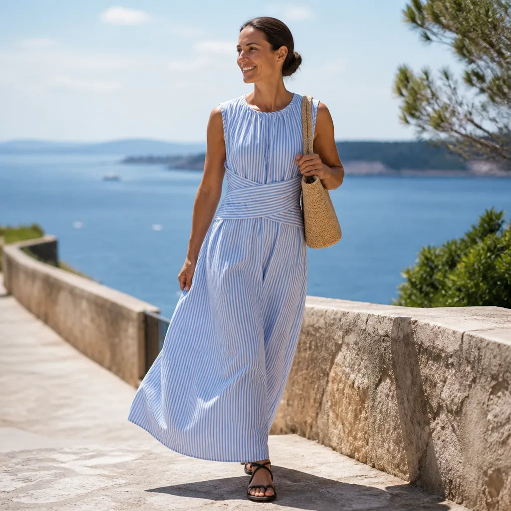 Striped Wrap Waist Maxi Dress Sleeveless 0