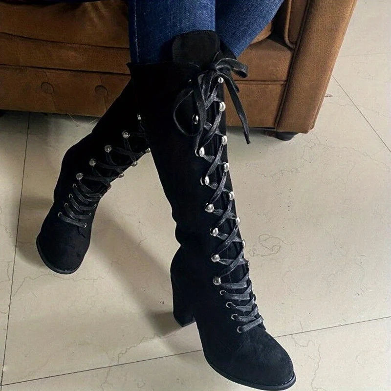 Tall Black Lace-Up Chunky Heel Boots | Women's Knee High Boots 0
