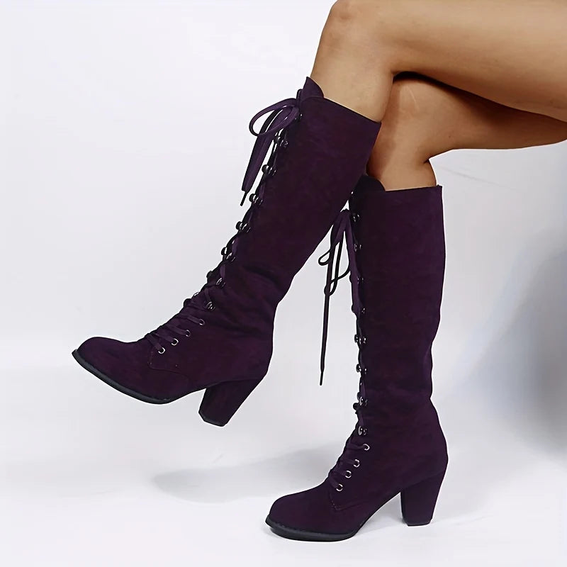 Tall Black Lace-Up Chunky Heel Boots | Women's Knee High Boots 1