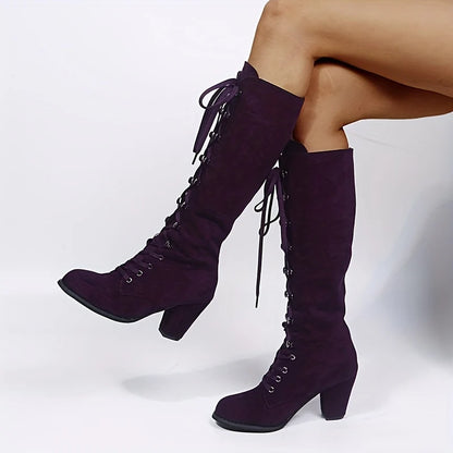 Tall Black Lace-Up Chunky Heel Boots | Women's Knee High Boots 1