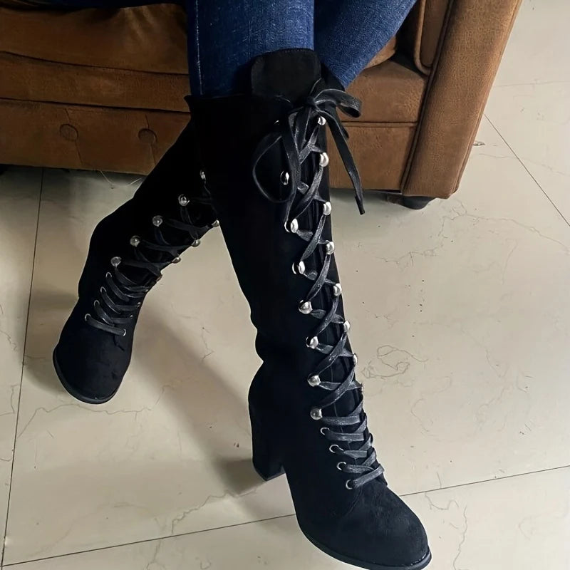 Tall Black Lace-Up Chunky Heel Boots | Women's Knee High Boots 2