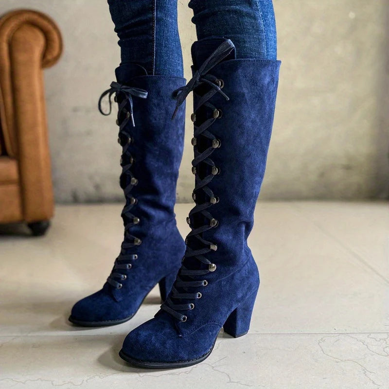 Tall Black Lace-Up Chunky Heel Boots | Women's Knee High Boots 3