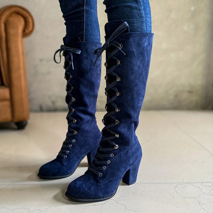Tall Black Lace-Up Chunky Heel Boots | Women's Knee High Boots 4