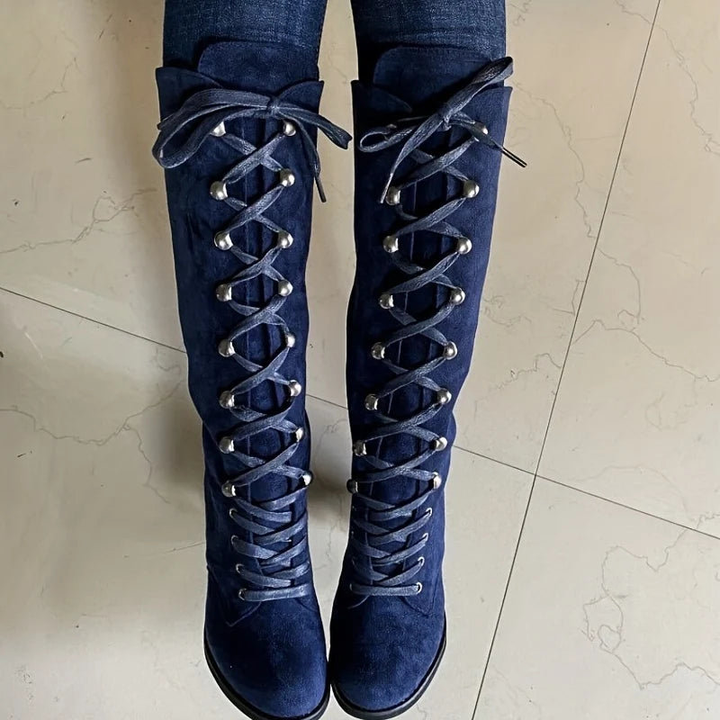 Tall Black Lace-Up Chunky Heel Boots | Women's Knee High Boots 6
