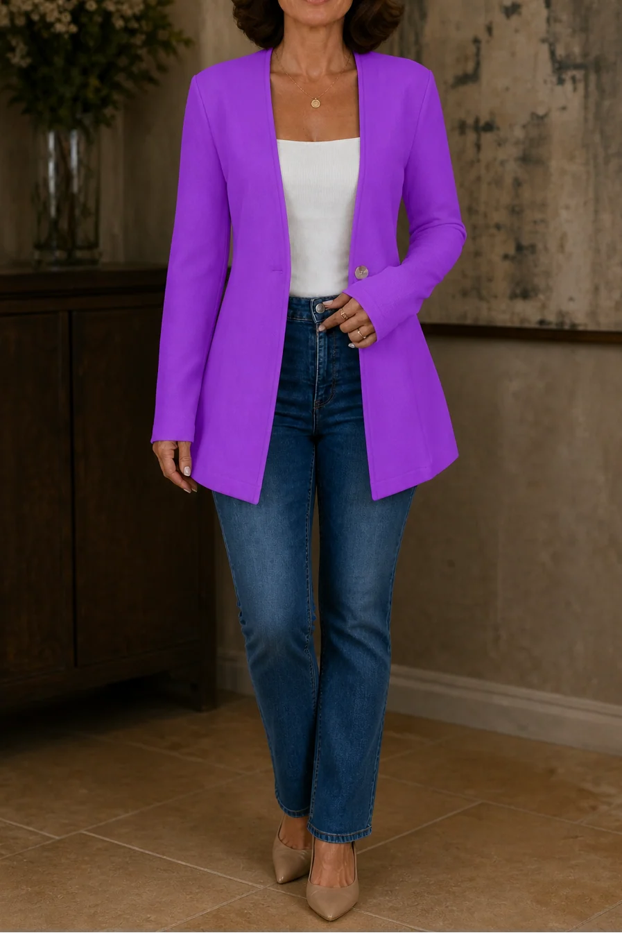 V-Neck Single-Button A-Line Blazer | Women's Stretch Blazer 11