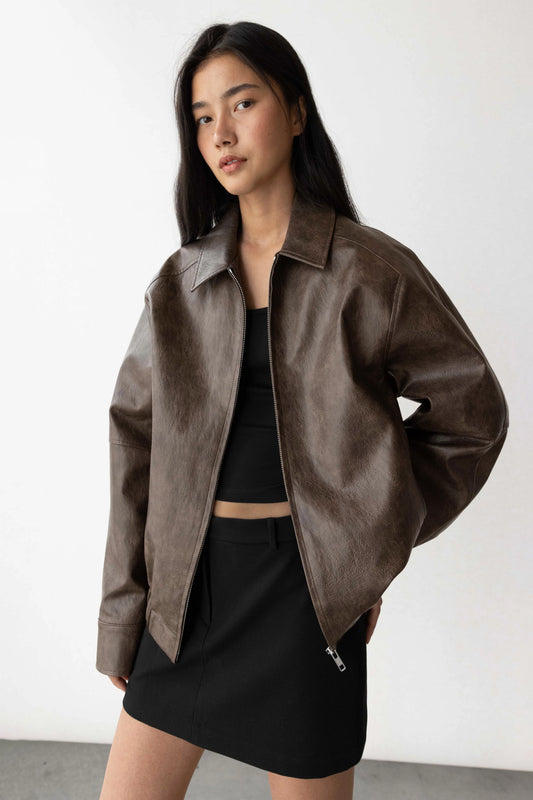 Vegan Leather Bomber Jacket Oversized Fit 0