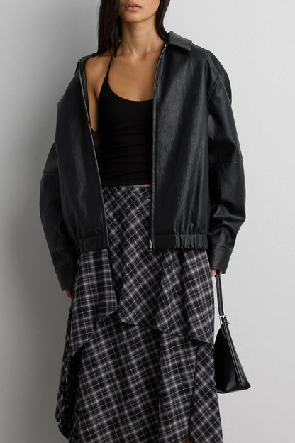 Vegan Leather Bomber Jacket Oversized Fit 5