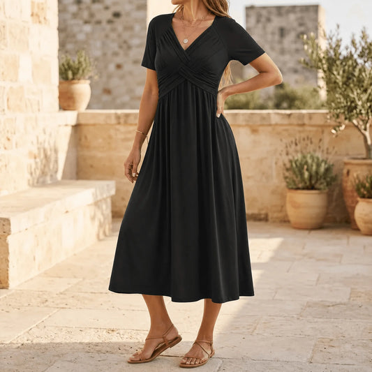 Veluna | Women's Plus Size Crossover V-Neck Midi Dress 0