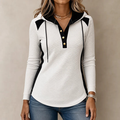 Waffle-Knit Colorblock Button V-Neck Hoodie | Women's Knit Top 1