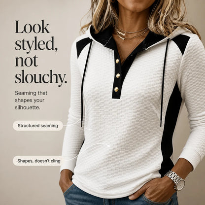 Waffle-Knit Colorblock Button V-Neck Hoodie | Women's Knit Top 7