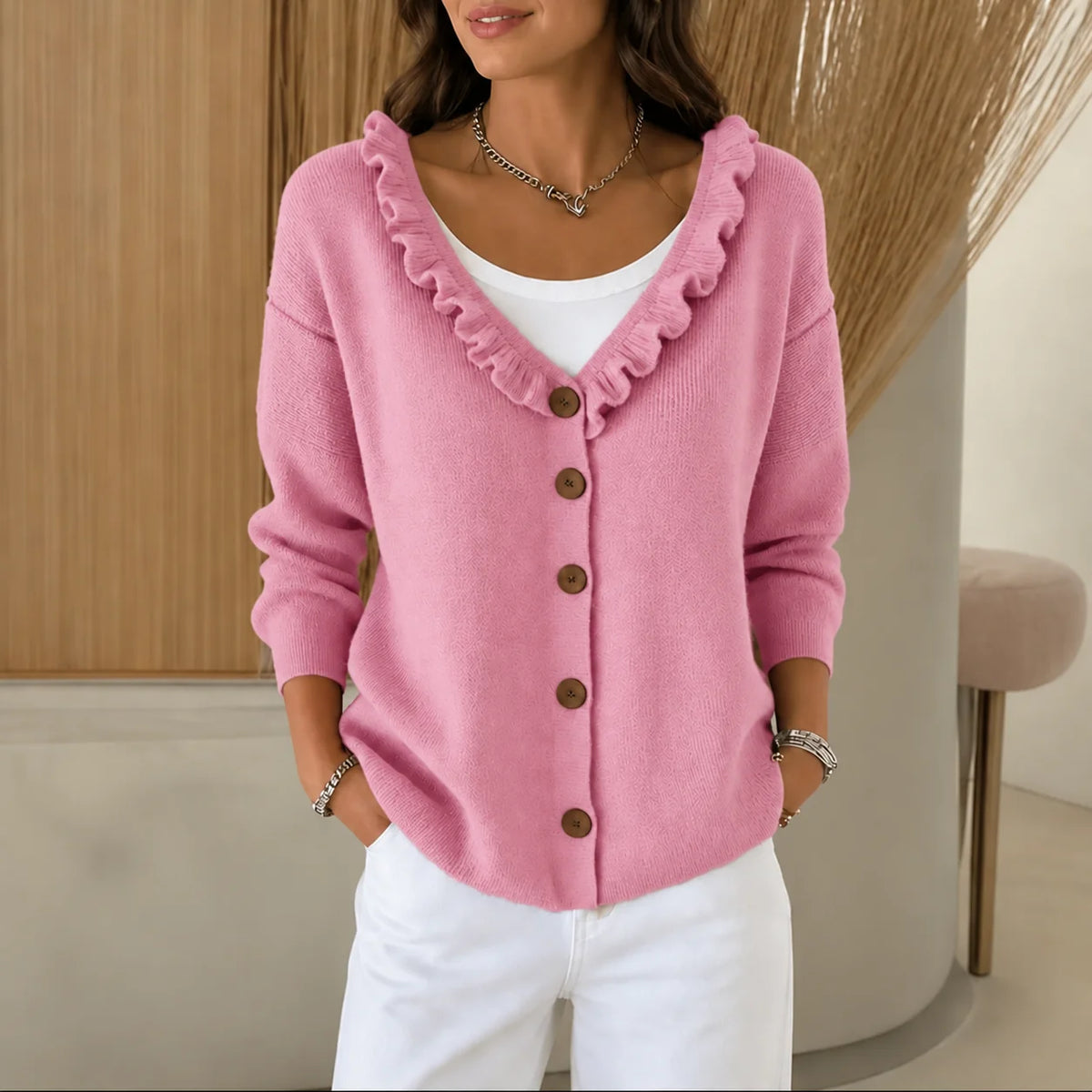 Wearbella – Ruffle Collar Stretch-Knit Cardigan 0