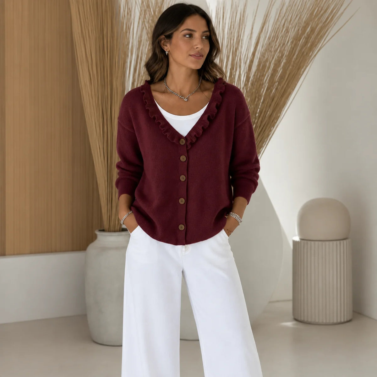 Wearbella – Ruffle Collar Stretch-Knit Cardigan 10
