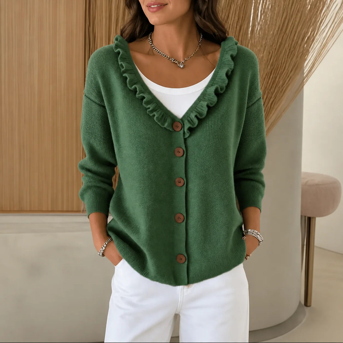 Wearbella – Ruffle Collar Stretch-Knit Cardigan 9