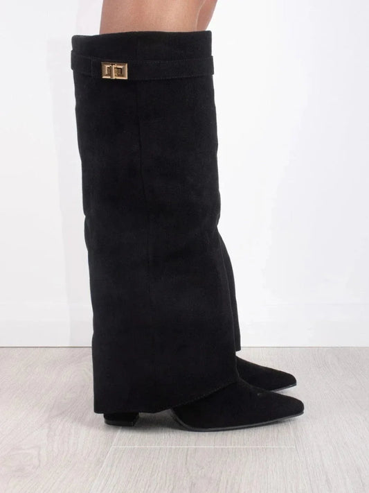 Women’s Fold-Over Suede Boots Black Gold Detail 0