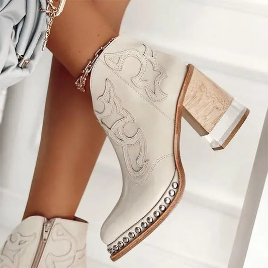 Women's Leather Boots Embroidered Pattern Block Heel 0