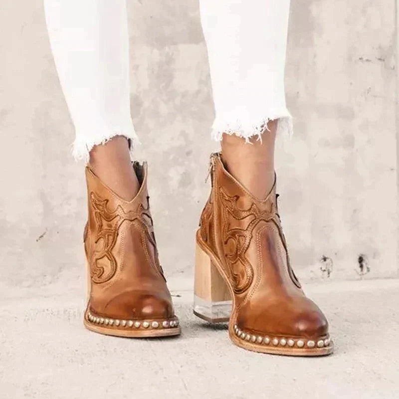 Women's Leather Boots Embroidered Pattern Block Heel 2