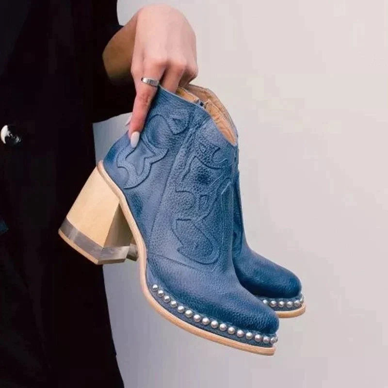Women's Leather Boots Embroidered Pattern Block Heel 3