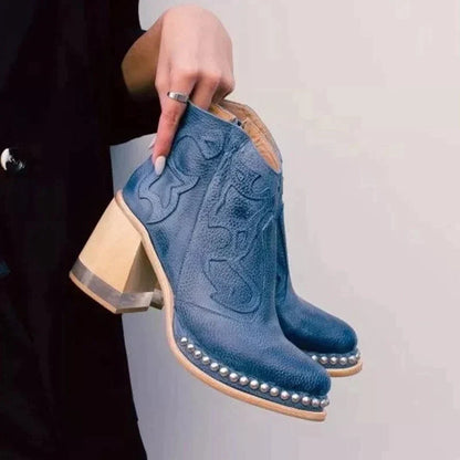 Women's Leather Boots Embroidered Pattern Block Heel 3