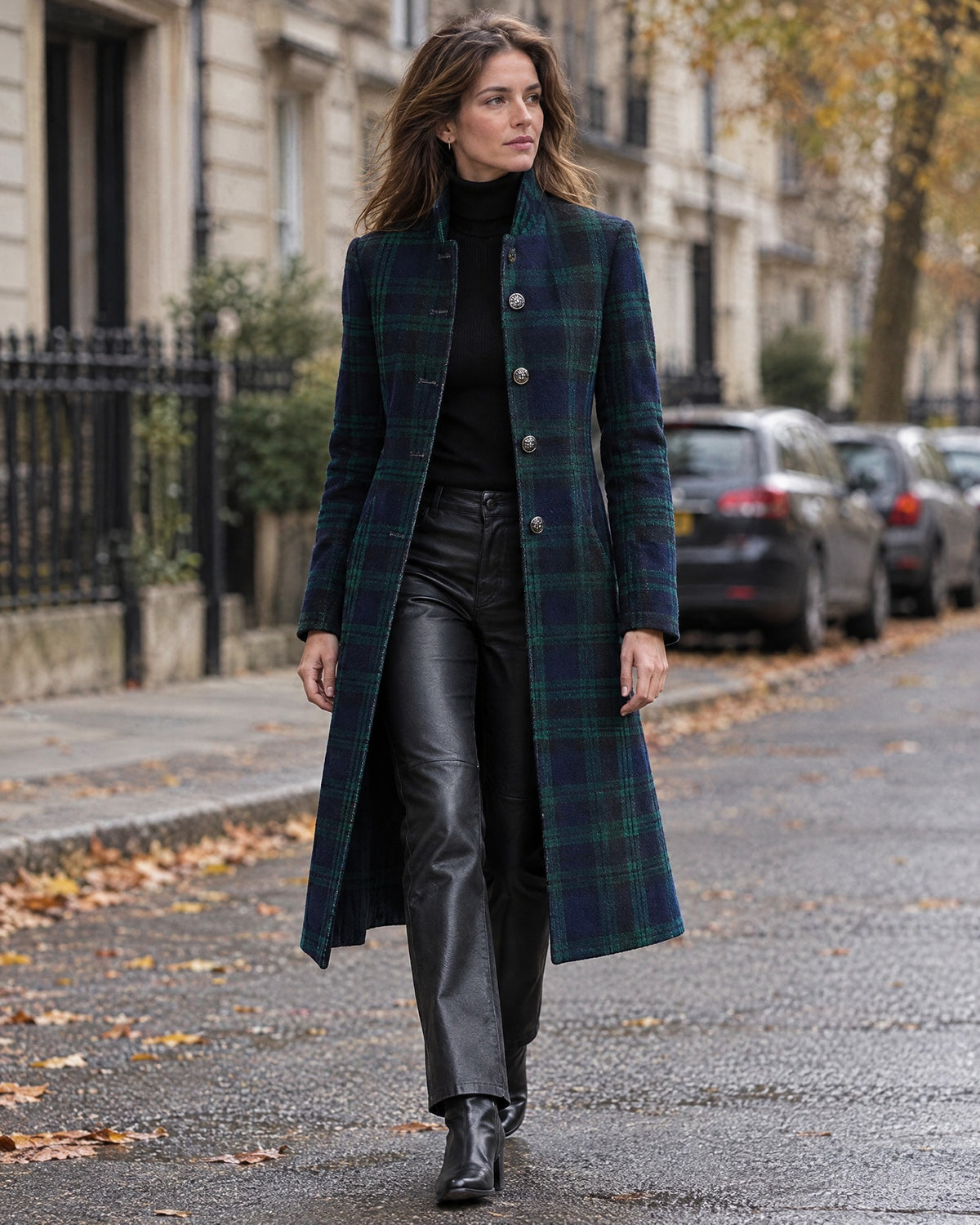 Women's Tartan Long Coat | Blue-Green Checkered Midi Coat – lifestyle