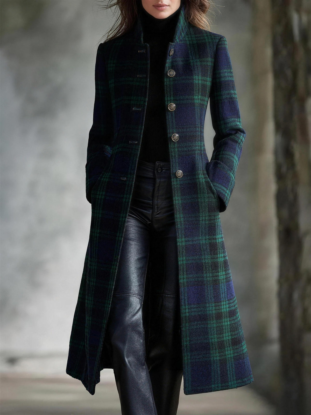 Women's Tartan Long Coat | Blue-Green Checkered Midi Coat 2