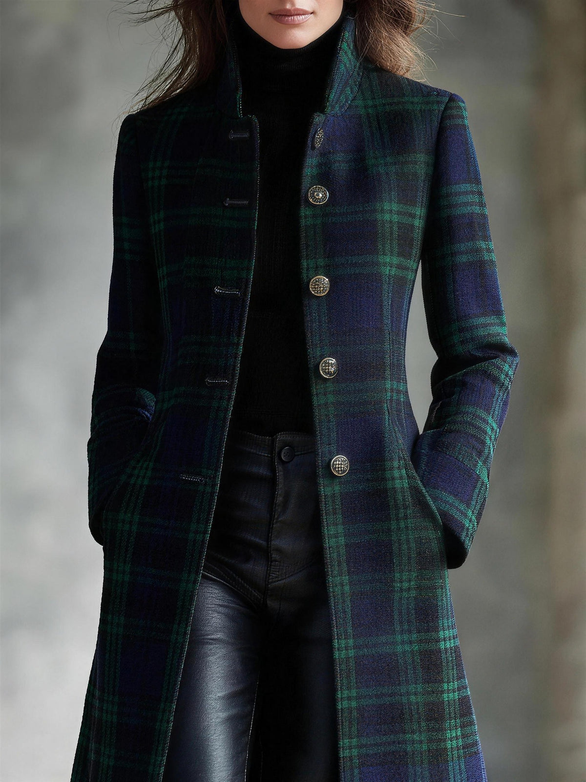 Women's Tartan Long Coat | Blue-Green Checkered Midi Coat 3