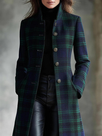 Women's Tartan Long Coat | Blue-Green Checkered Midi Coat 3