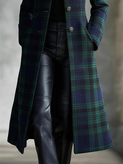 Women's Tartan Long Coat | Blue-Green Checkered Midi Coat 4