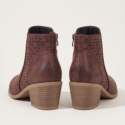 Women's cutout ankle boots in maroon, back view