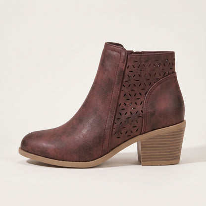 Women's cutout ankle boots in maroon, side view